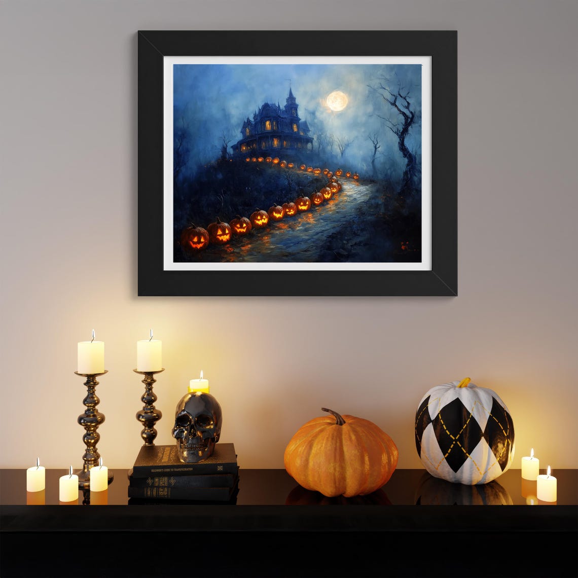 Victorian Mansion With Jack O Lantern Path Under Full Moon Poster - Image 3