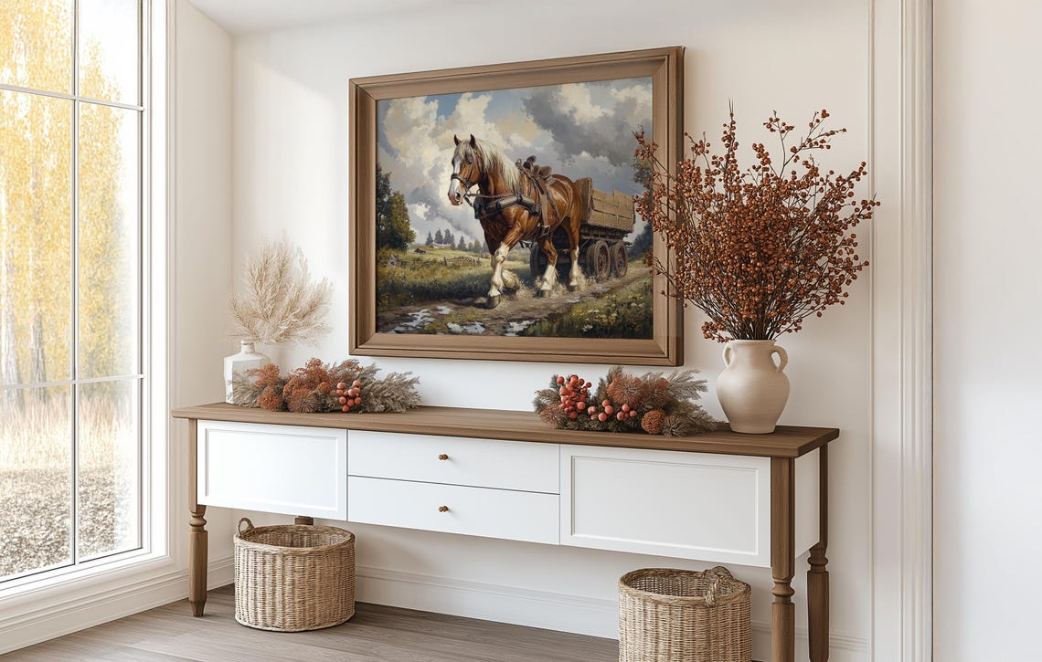 Draft Horse Pulling Wooden Wagon On Muddy Country Road Poster - Image 3