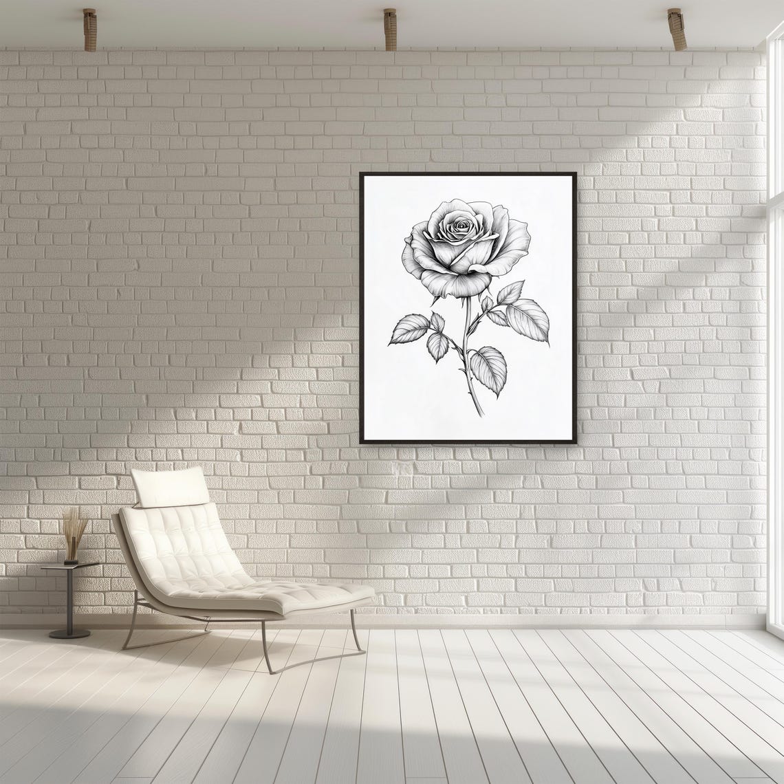 Single Rose Bloom Black Line Drawing Botanical Minimalist Poster - Image 2