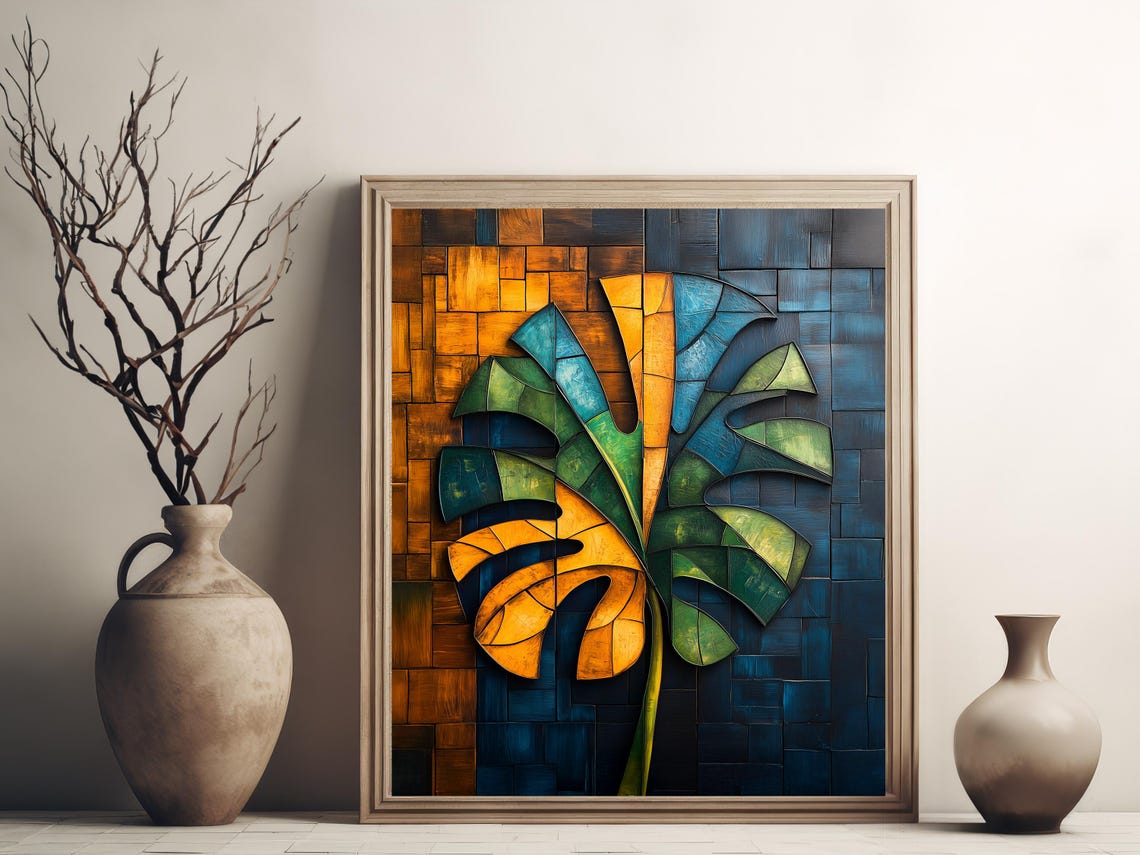 Cubist Monstera Leaf Mosaic Blue And Orange Tropical Decor Poster - Image 3