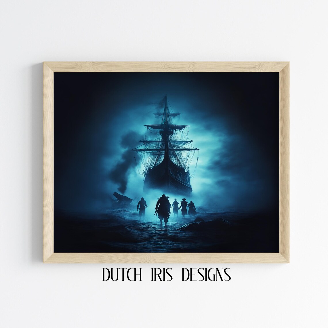 Ghost Pirate Ship on a Foggy Moonlit Sea with Pirate Silhouettes Poster