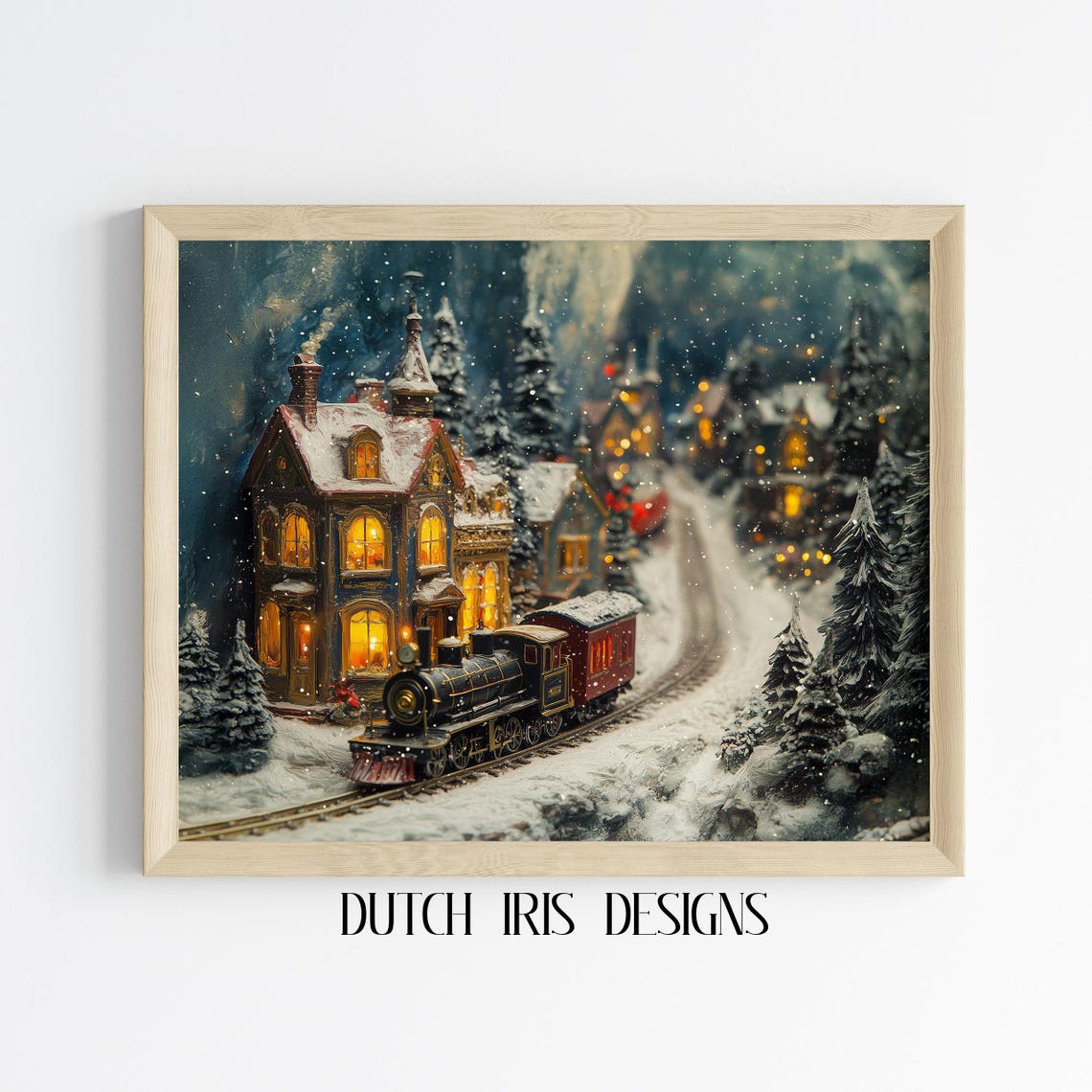 Snowy Christmas Village at Night with a Steam Train Passing By Poster