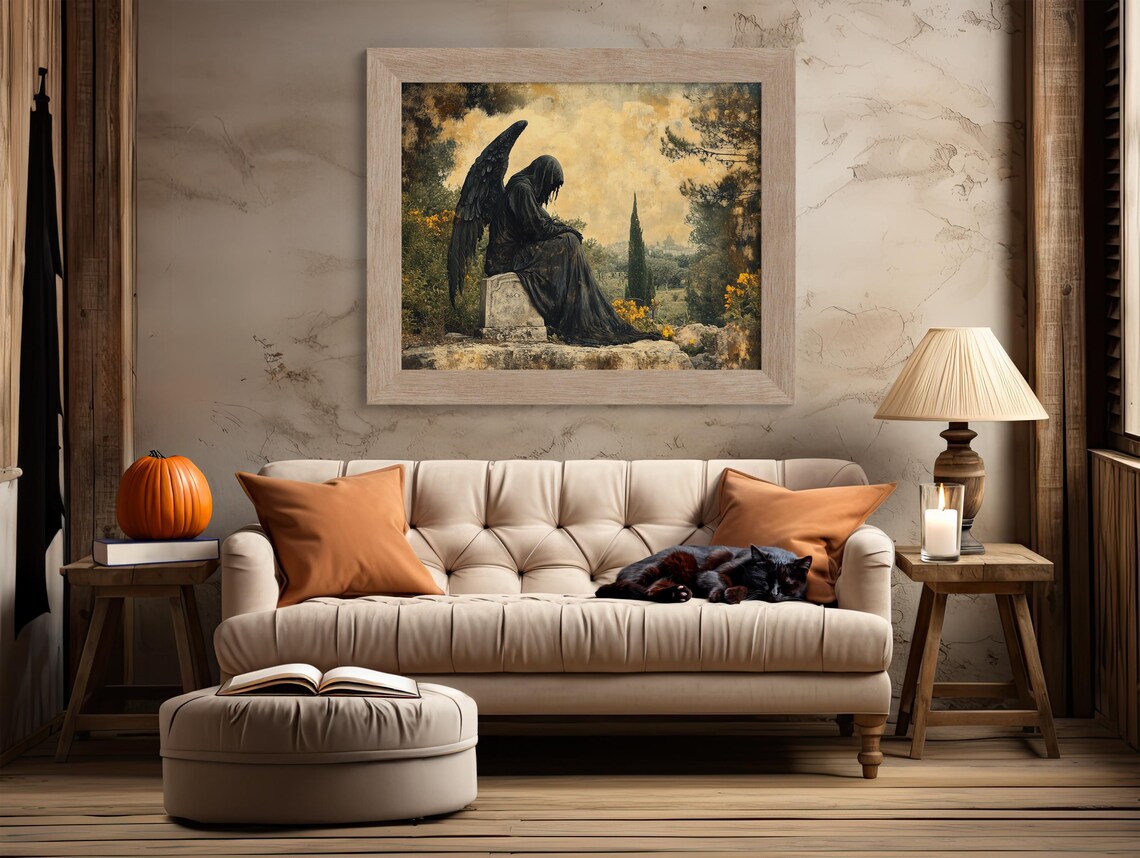 Vintage Fallen Angel In Cemetery, Gothic Art - Image 2