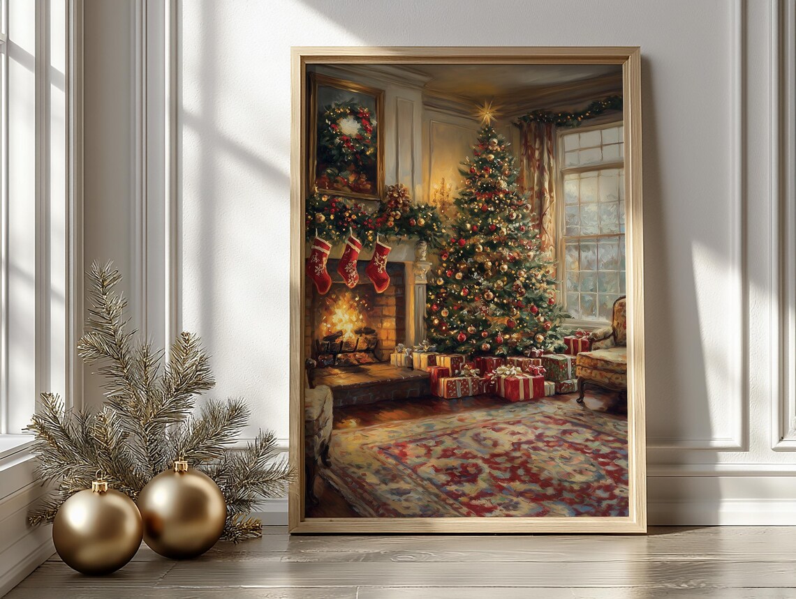 Cozy Christmas Living Room Fireplace Holiday Scene Painting Poster - Image 2