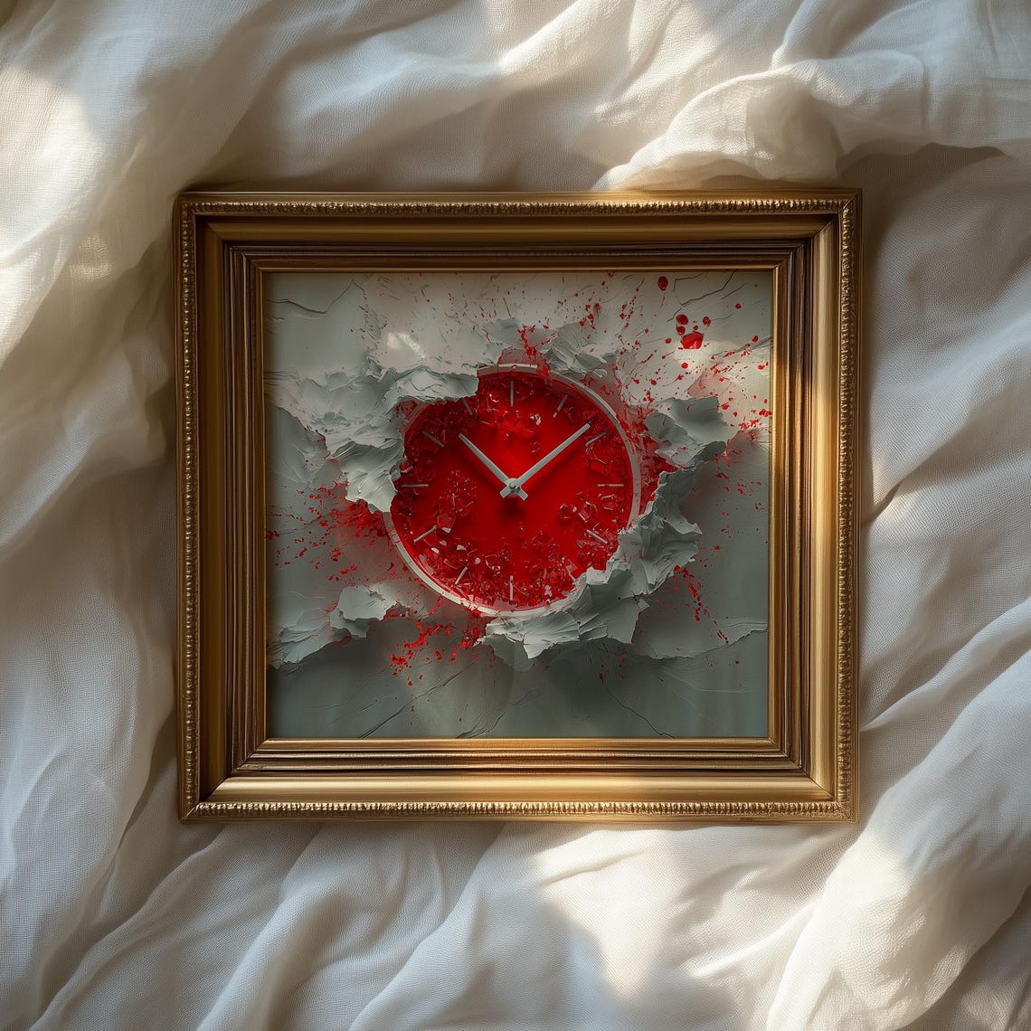 Bold Red Clock Face Bursting Through Cracked White Plaster Art Poster - Image 2