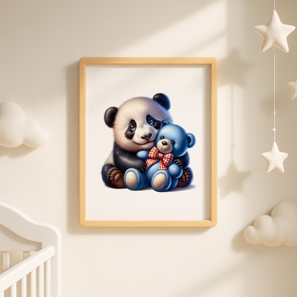 Baby Panda Hugging Blue Teddy Bear Sweet Nursery Animal Poster - Image 2