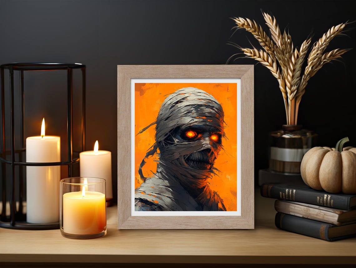 Mummy With Glowing Orange Eyes On Fiery Background Halloween Poster - Image 3