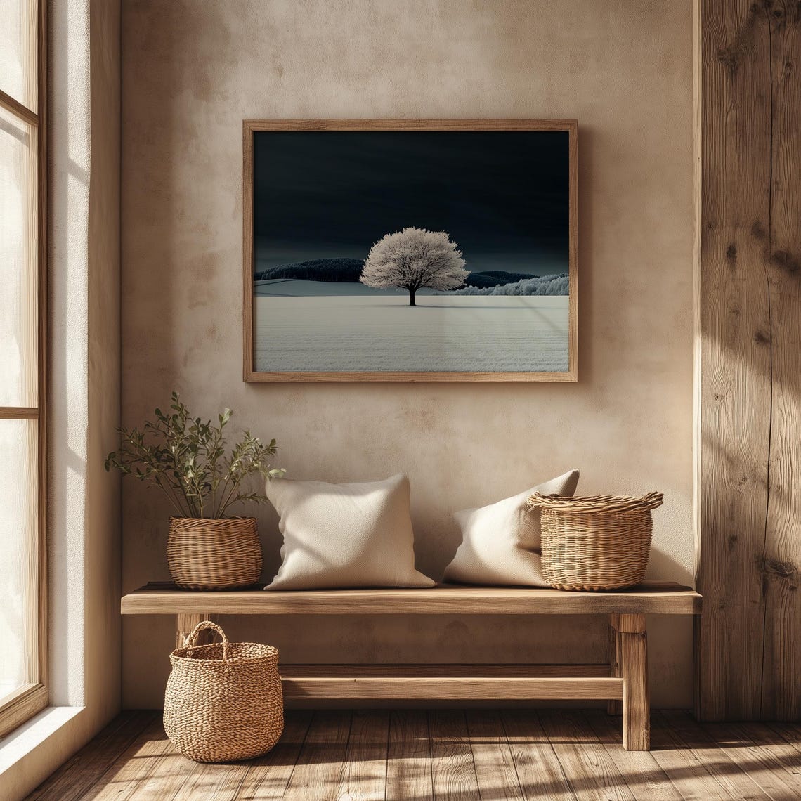 Lone Tree In Snowy Field Under Dark Sky Winter Minimalist Poster - Image 4