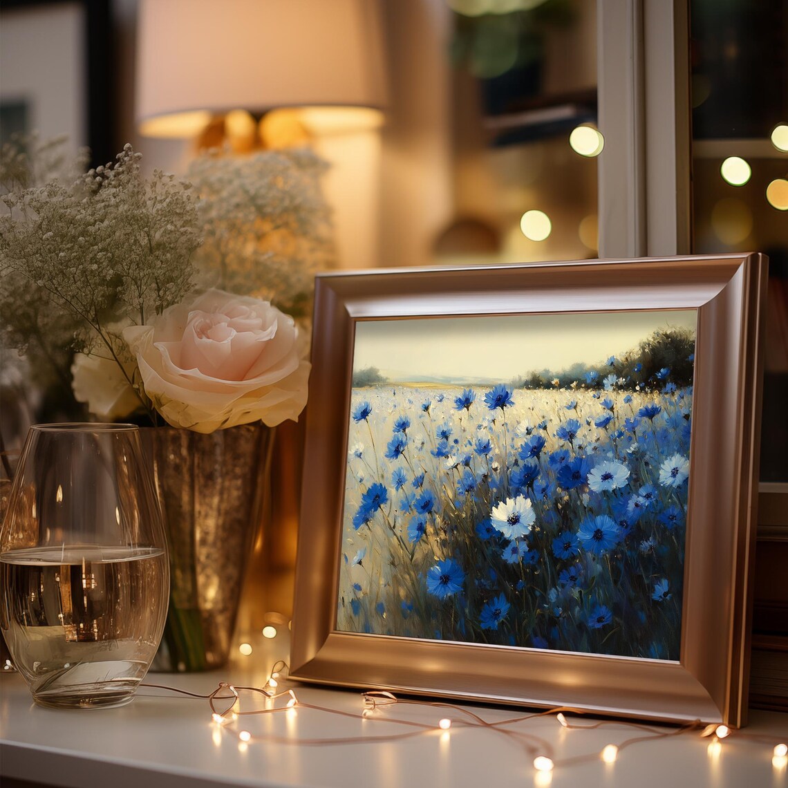 Blue Cornflower Field At Dawn Delicate Wildflower Meadow Art Poster - Image 3