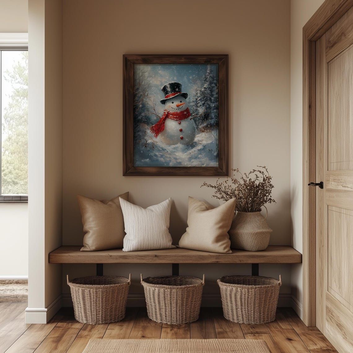 Cheerful Snowman In Falling Snow Classic Christmas Winter Scene Poster - Image 4