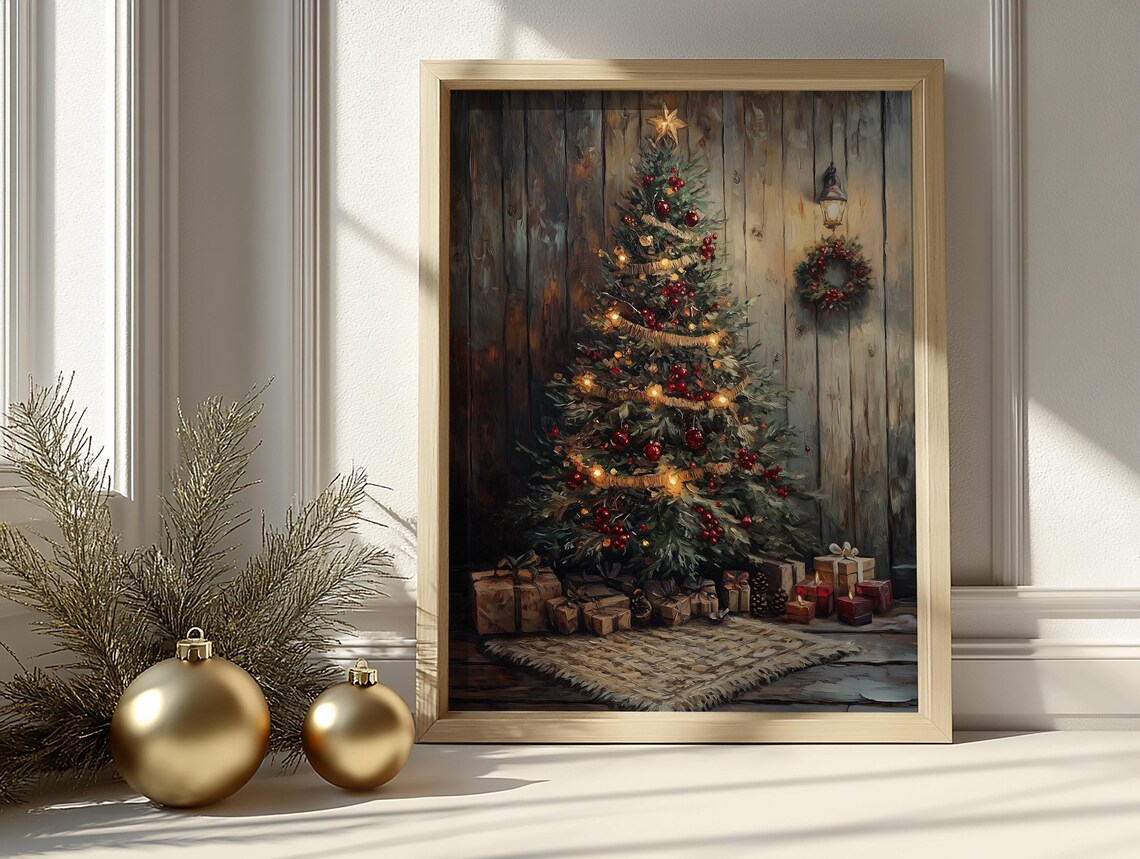 Rustic Christmas Tree Star Topper Vintage Holiday Painting Poster - Image 3