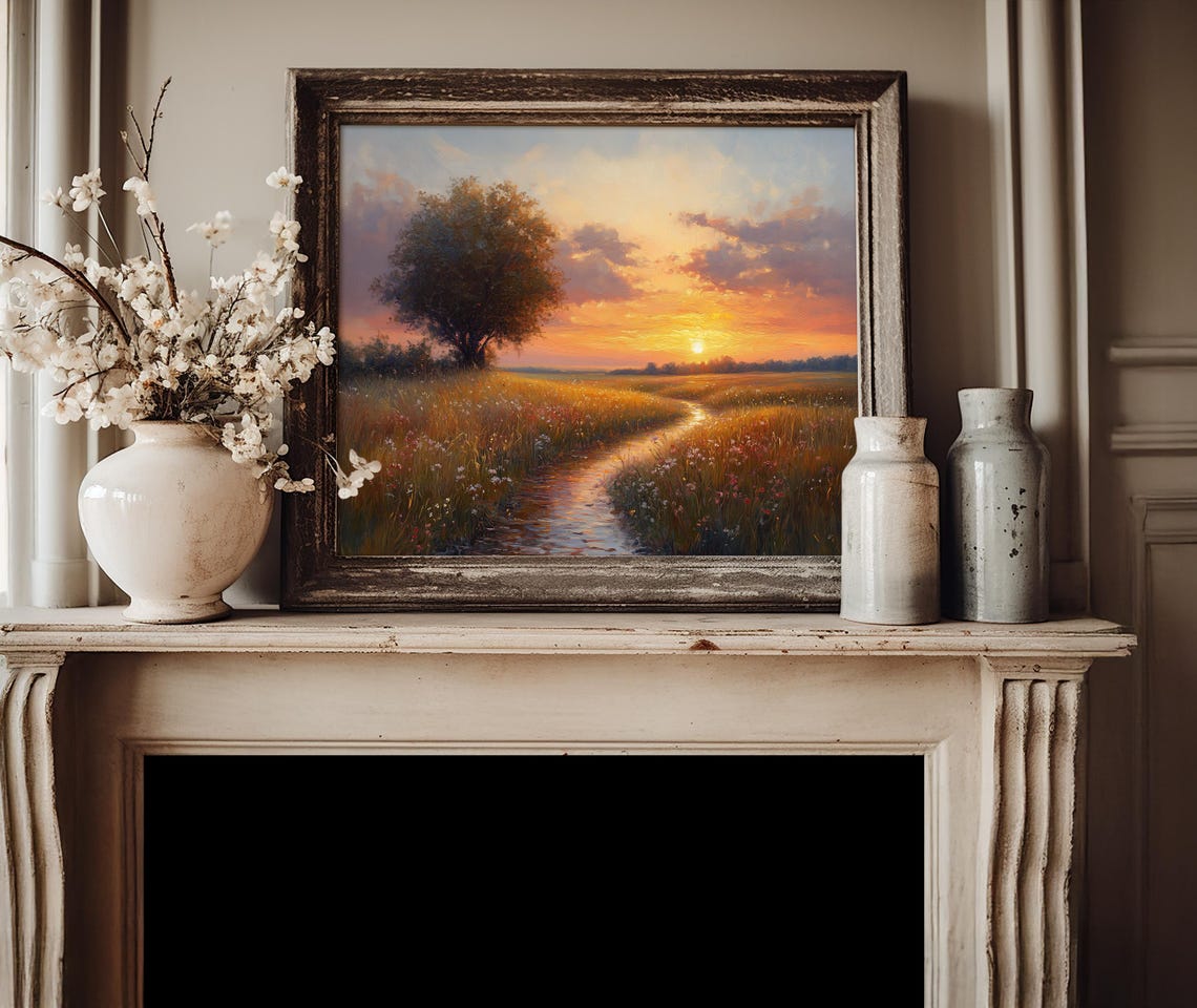 Winding Stream Through Golden Meadow At Sunset Countryside Poster - Image 4