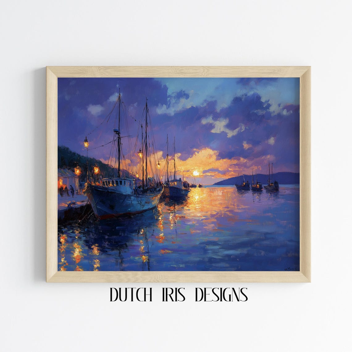 Fishing Boats In Harbor At Sunset Night Lights Impressionist Poster