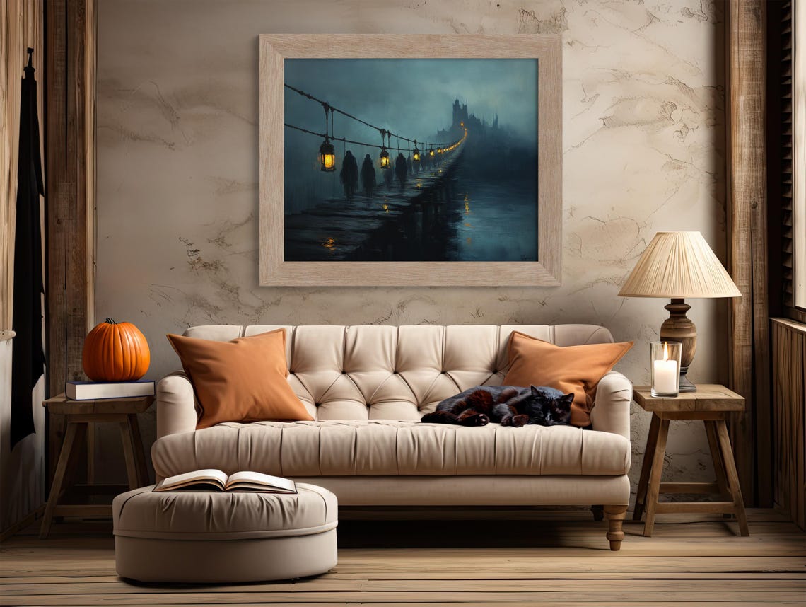 Ghostly Procession Crossing Misty Lantern Lit Bridge At Night Poster - Image 2
