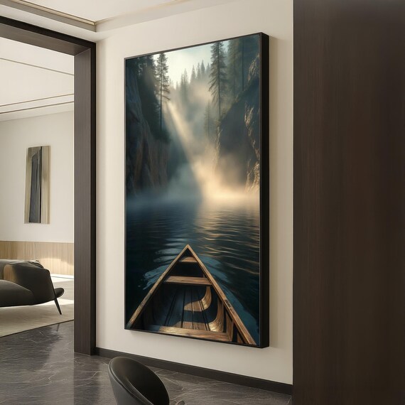 Wooden Canoe Misty Forest Lake Sunbeams Nature Landscape Art Poster