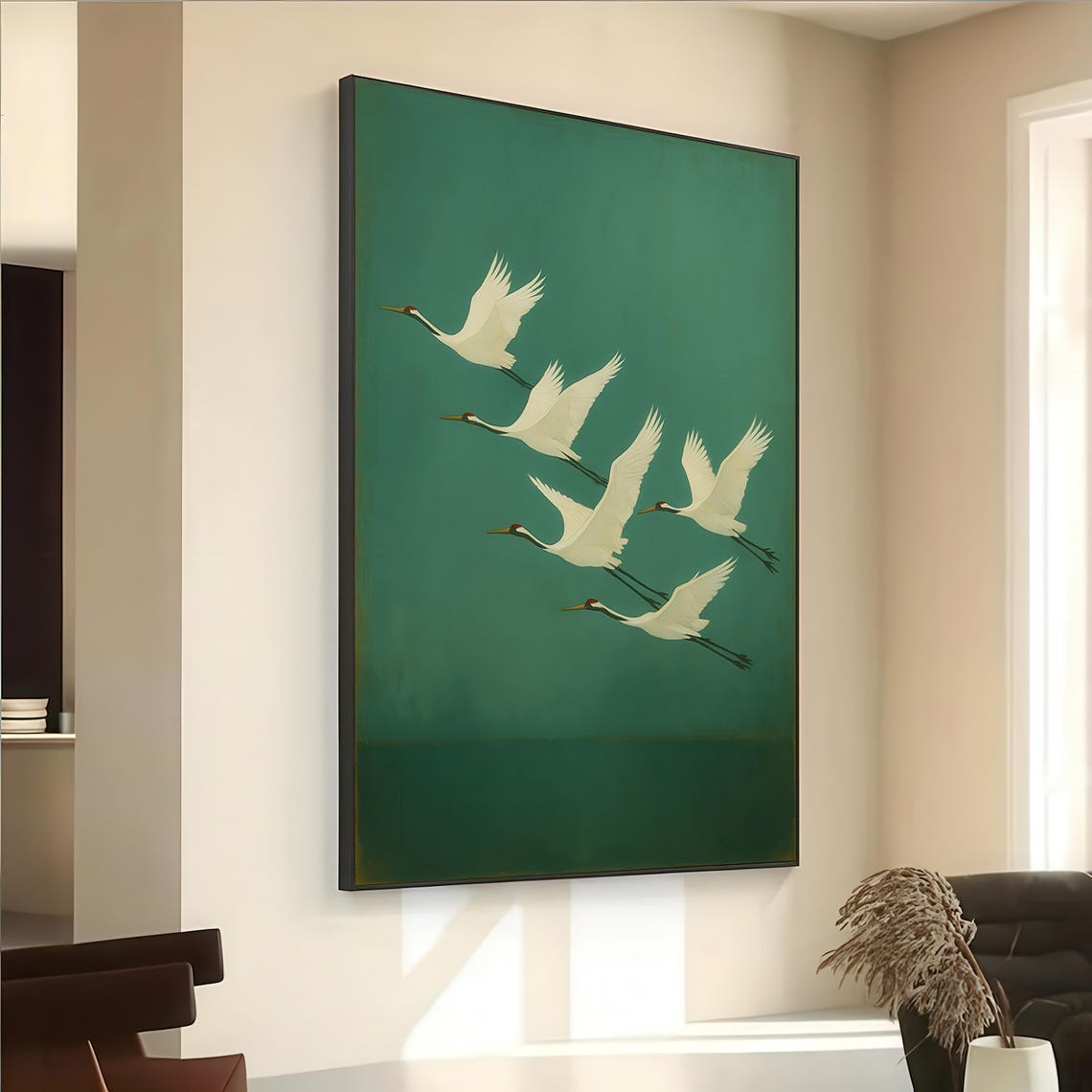 Five White Cranes Flying Minimalist Green Japanese Style Poster