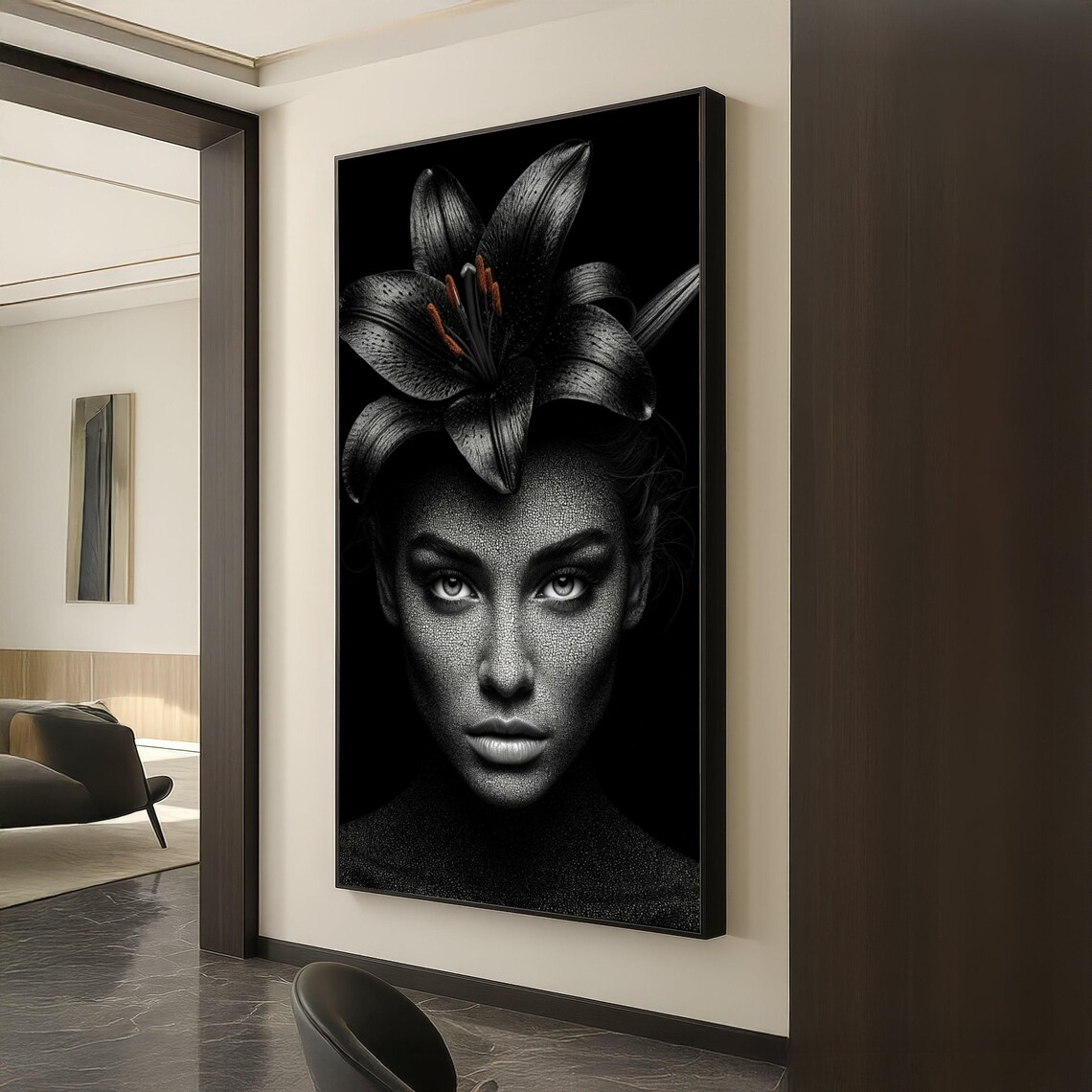 Black Lily Woman Portrait Monochrome Floral Dramatic Art Poster