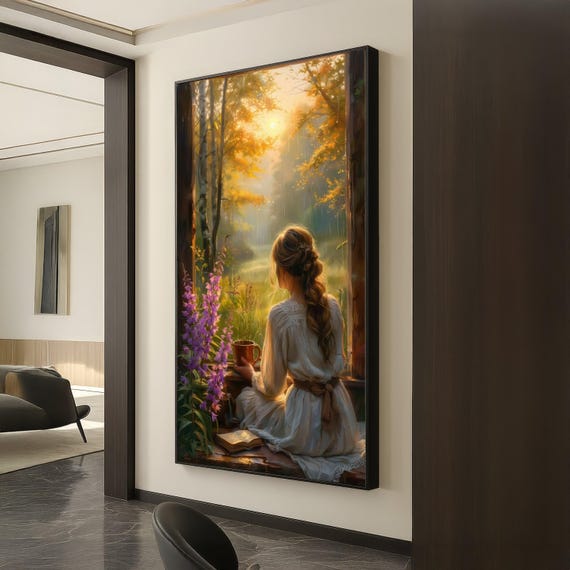 Tranquil Morning Reflection Canvas Woman Relaxing With Coffee Countryside Window Scene Floral Nature Wall Art Peaceful Home Decoration