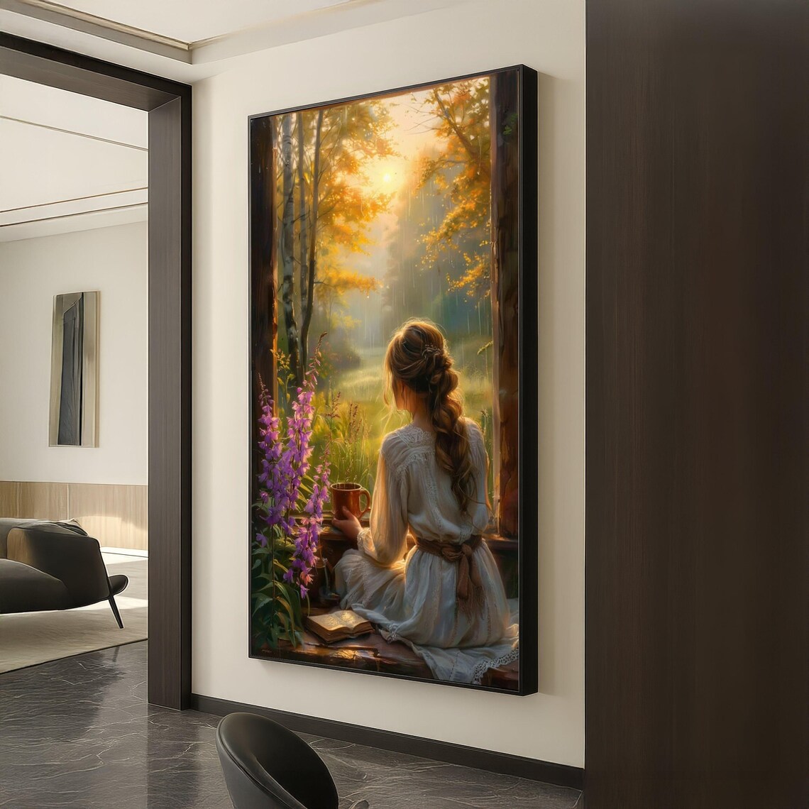 Morning Coffee Woman At Country Window Autumn Forest Art Poster
