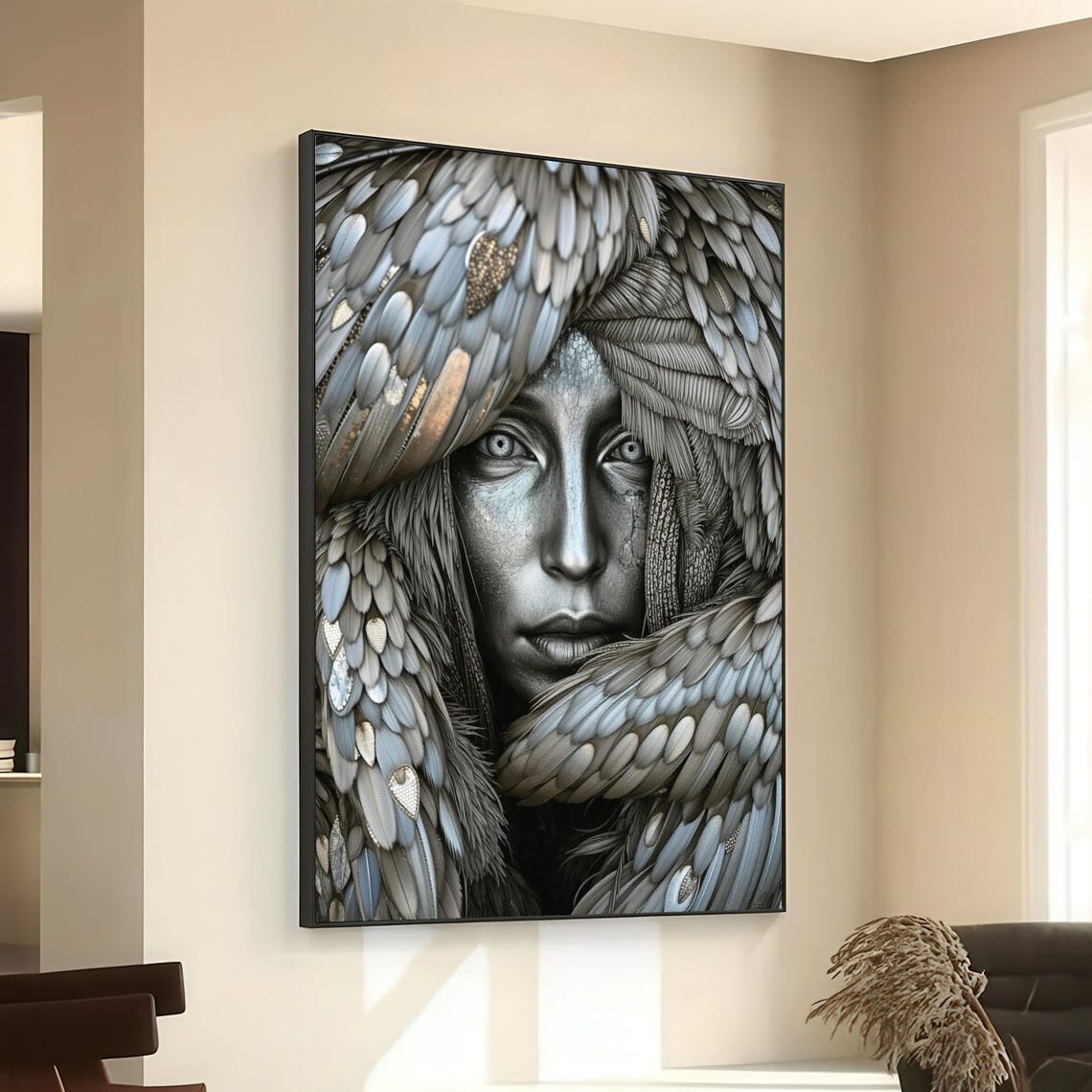 Silver Face Woman Feather Surround Mystical Grayscale Portrait Poster