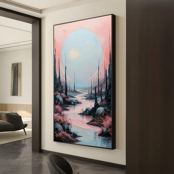 Ethereal Pink And Blue Landscape Canvas Surreal River Scene Wall Art Fantasy Nature Modern Abstract Decoration Ready To