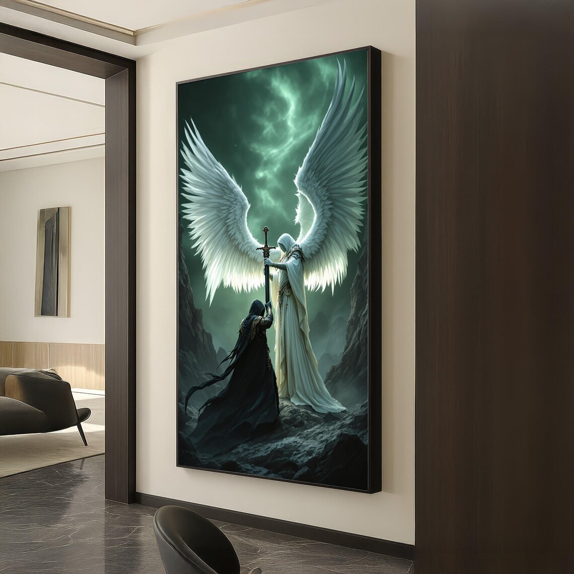 Angelic Warrior Sword Light Dark Battle Green Storm Fantasy Art Poster
