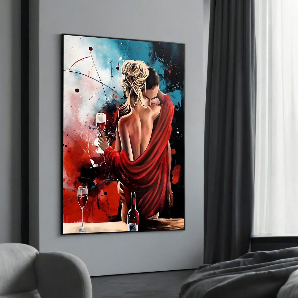 Romantic Couple Embracing With Wine Red Blue And Black Art Poster