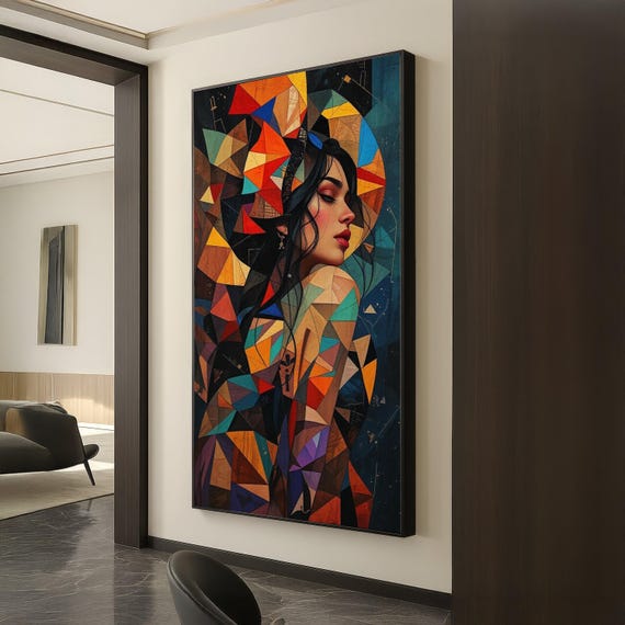 Abstract Geometric Woman Portrait Canvas Modern Cubist Art Colorful Female Face Wall Contemporary Home Decor Ready To Hang