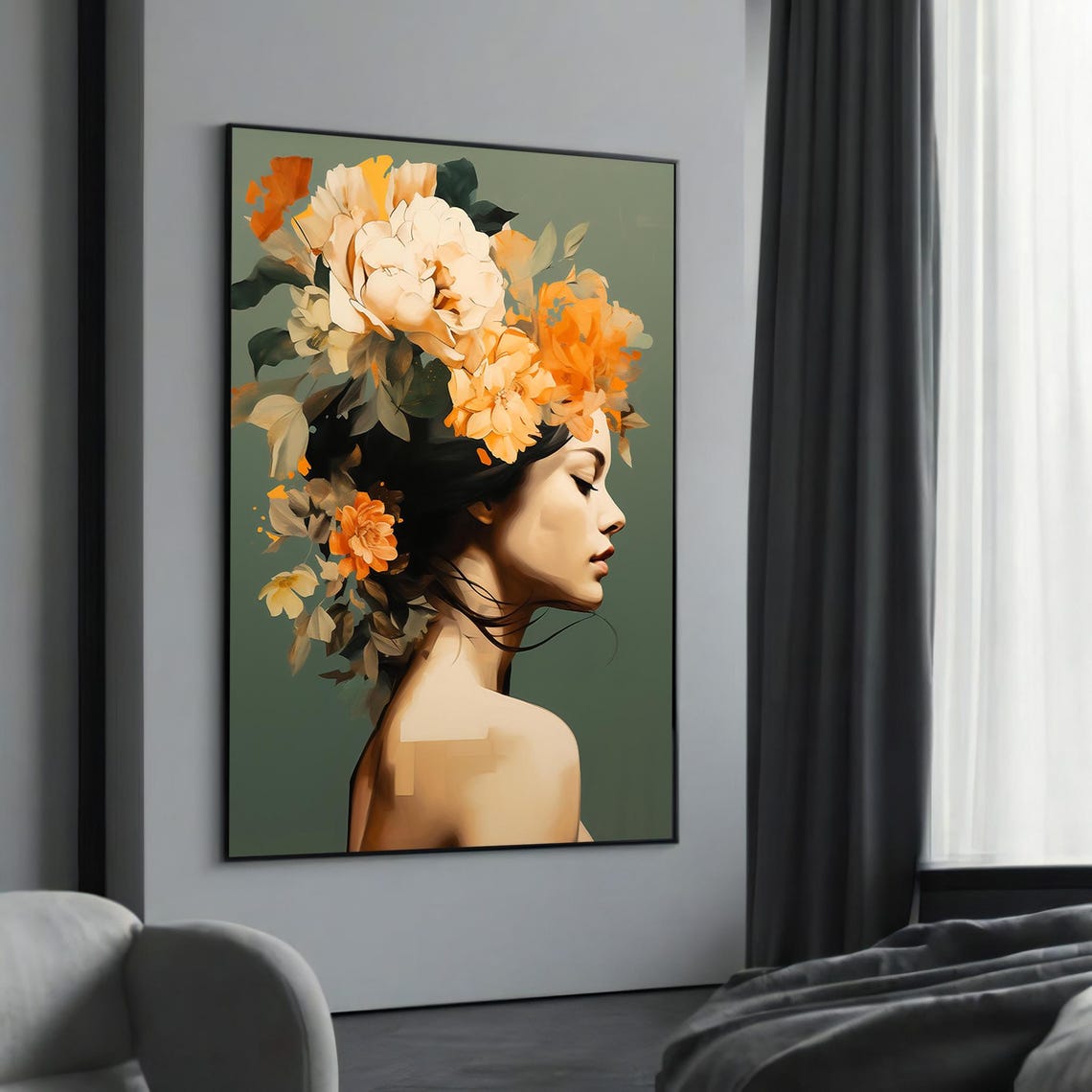 Orange Flower Crown Woman Serene Botanical Profile Portrait Wall Art