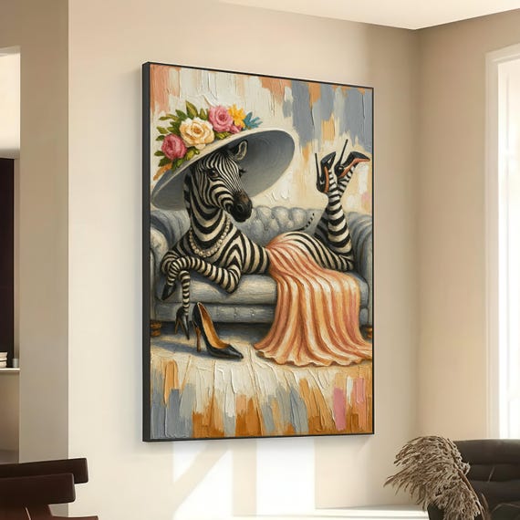 Elegant Zebra Portrait Canvas Whimsical Animal Wall Art Fashionable Painting Floral Hat Decor Modern Living Room