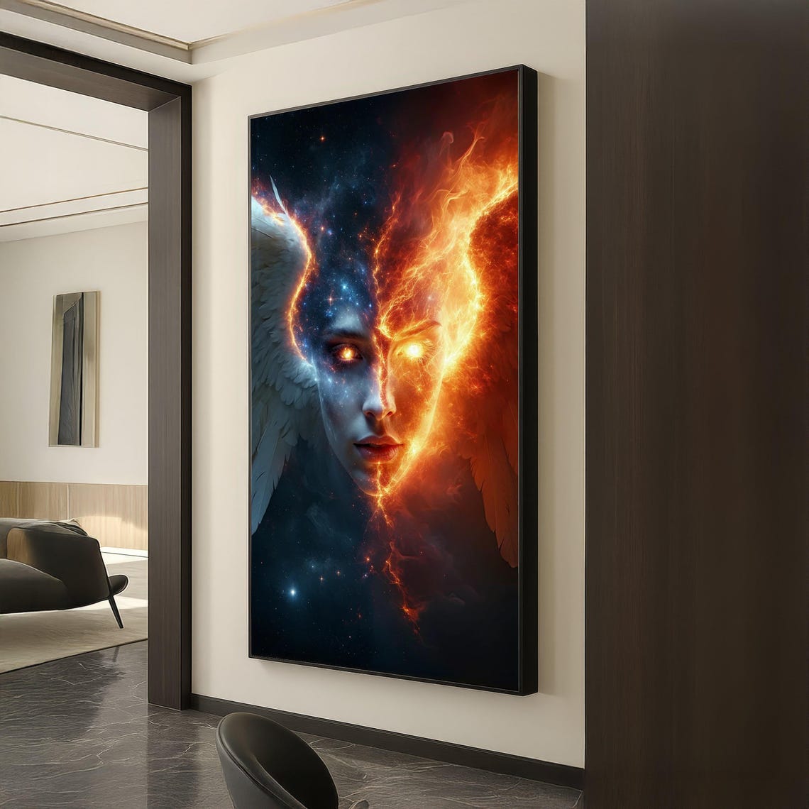 Fiery Angel Cosmic Duality Face Fire Ice Stars Fantasy Poster