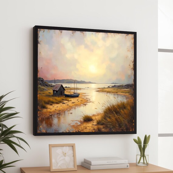 Serene Coastal Cabin Sailboat Golden Sunset Seascape Art Poster
