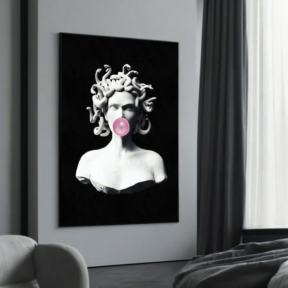 Medusa With Bubble Gum Canvas Painting Gift Playful And Bold Modern Art For Unique Home Decor