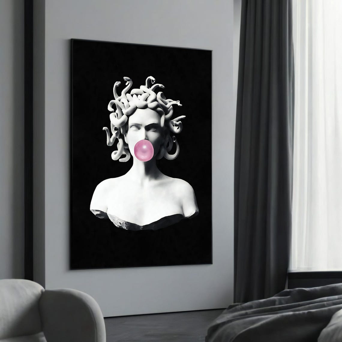 Medusa Bust Blowing Pink Bubblegum Pop Art Mythology Fun Wall Poster