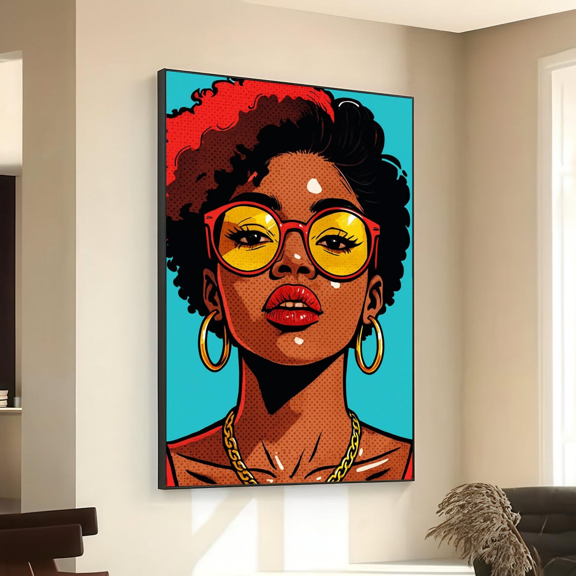 Bold Pop Art Afro Woman Red Sunglasses Halftone Portrait Poster