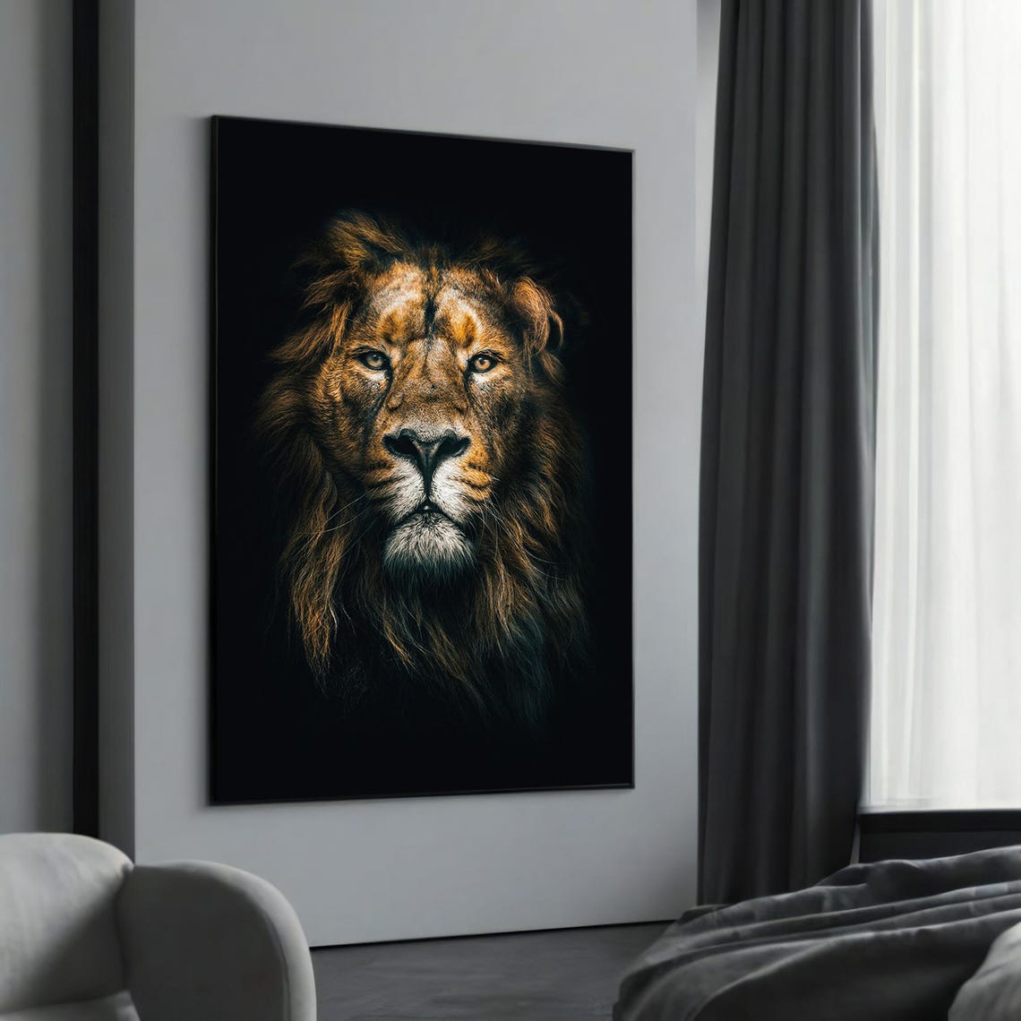 Intense Lion Gaze on Black Background Powerful Wildlife Poster