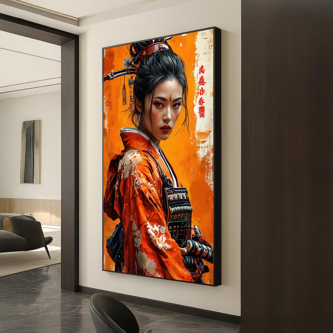 Samurai Geisha Warrior Fiery Kimono Armor Bold Japanese Art Poster