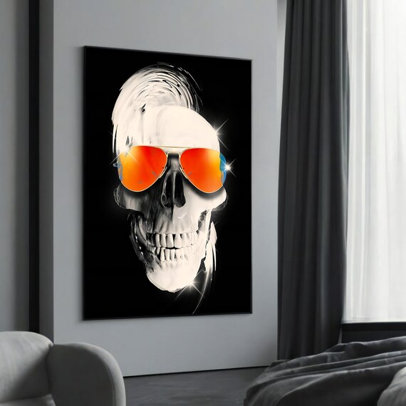 Cool Skull with Orange Aviator Sunglasses Black Background Poster