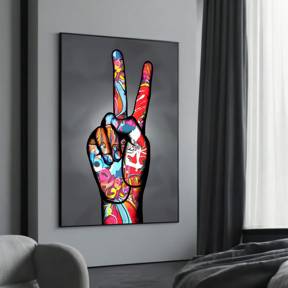 Colorful Graffiti Peace Sign Hand On Gray Background Art Poster
