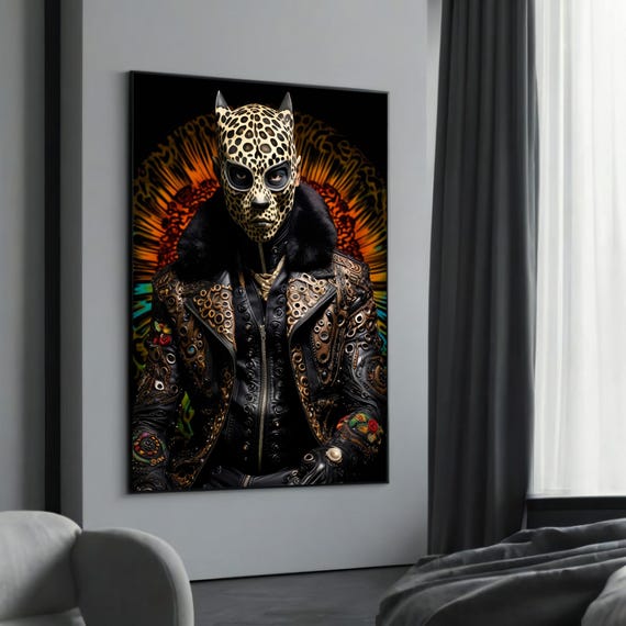 Bold Leopard Masked Figure Canvas Painting Surreal Animalinspired Art Unique Statement Wall Decor For Lovers