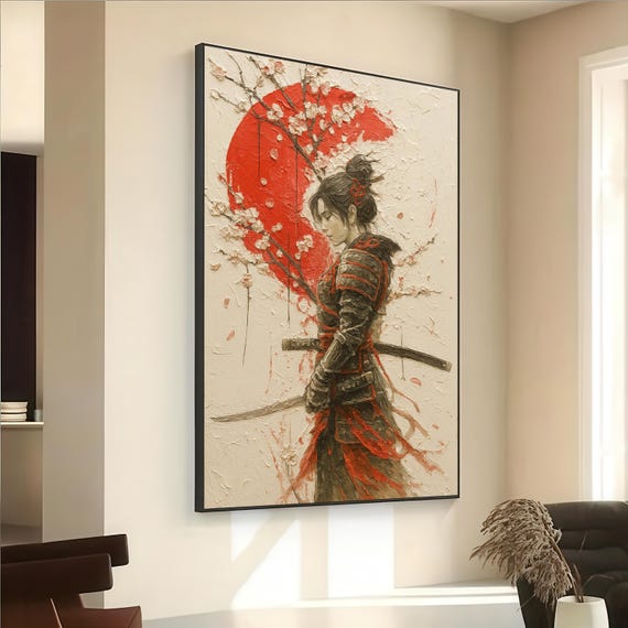 Female Samurai Wall Art With Cherry Blossoms Japanese Warrior Canvas In Red And Beige Zen Decor For Bold Interiors