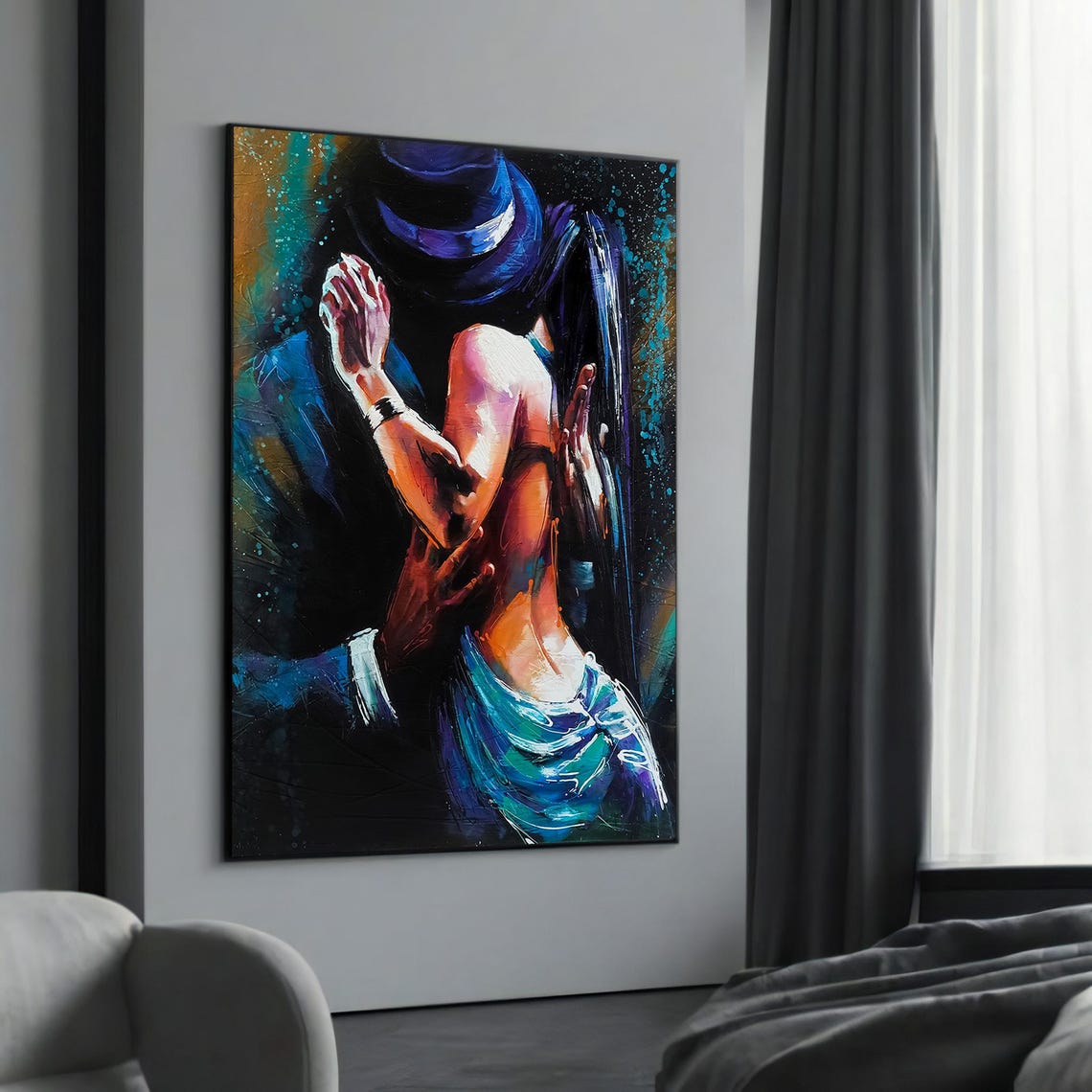 Sensual Tango Couple Close Embrace Colorful Expressive Art Poster