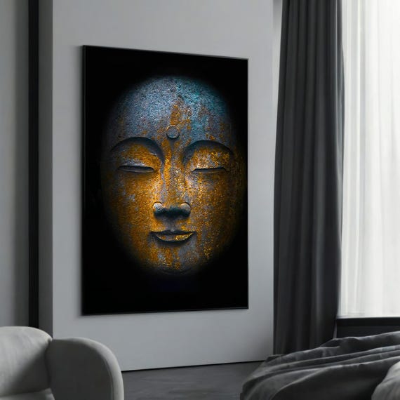 Rustic Buddha Face Canvas Art Mystical Zen Wall Decor Spiritual Meditation Artwork Dark Serenity Home Ready To Hang