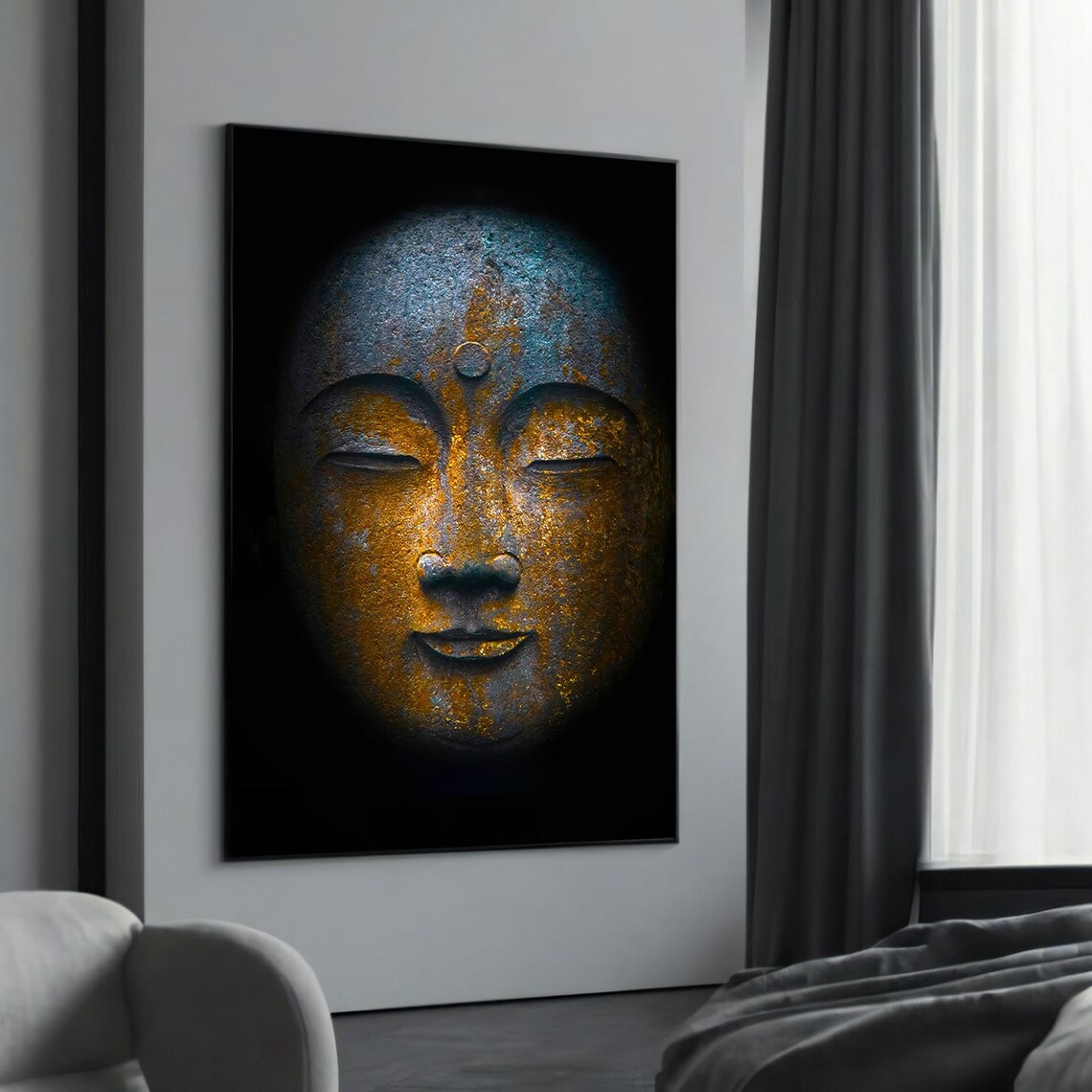 Rustic Weathered Buddha Face with Gold Patina on Black Poster
