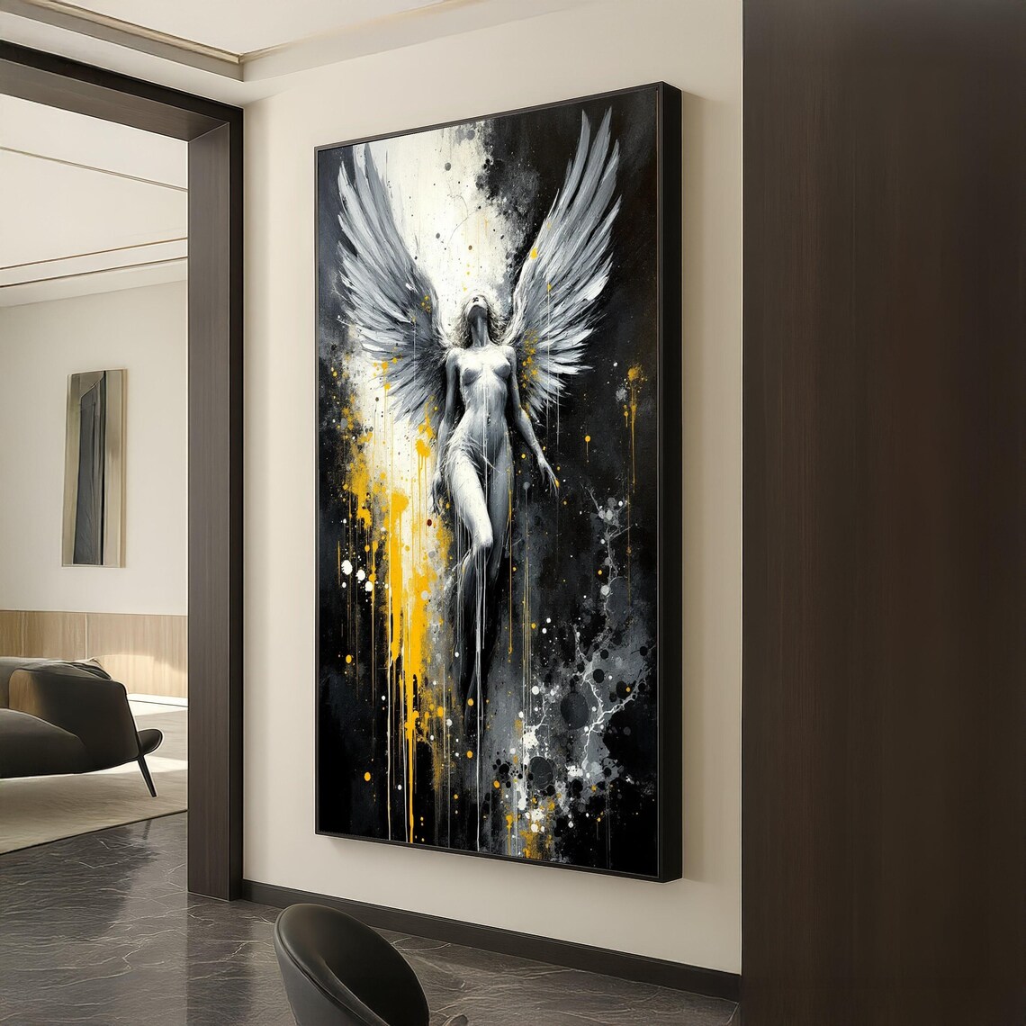Angelic Figure Black White Gold Wings Abstract Ascending Art Poster