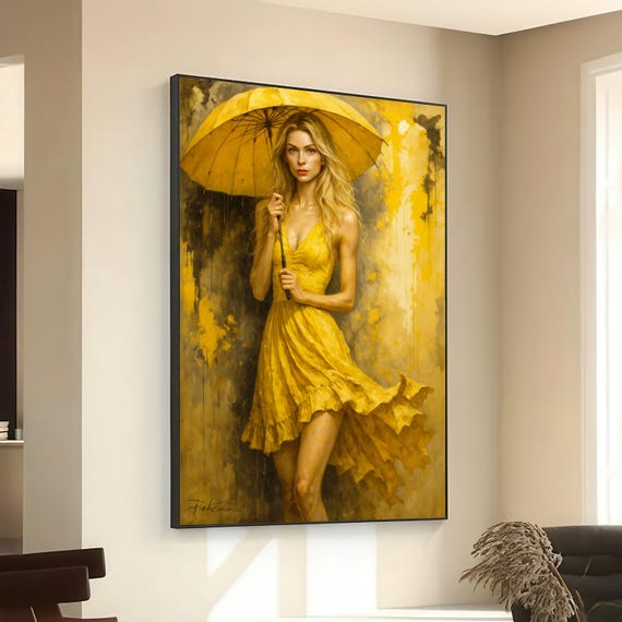 Elegant Woman In Yellow Dress With Umbrella Canvas Fashion Portrait Wall Art Modern Abstract Vibrant Home Dcor Ready To
