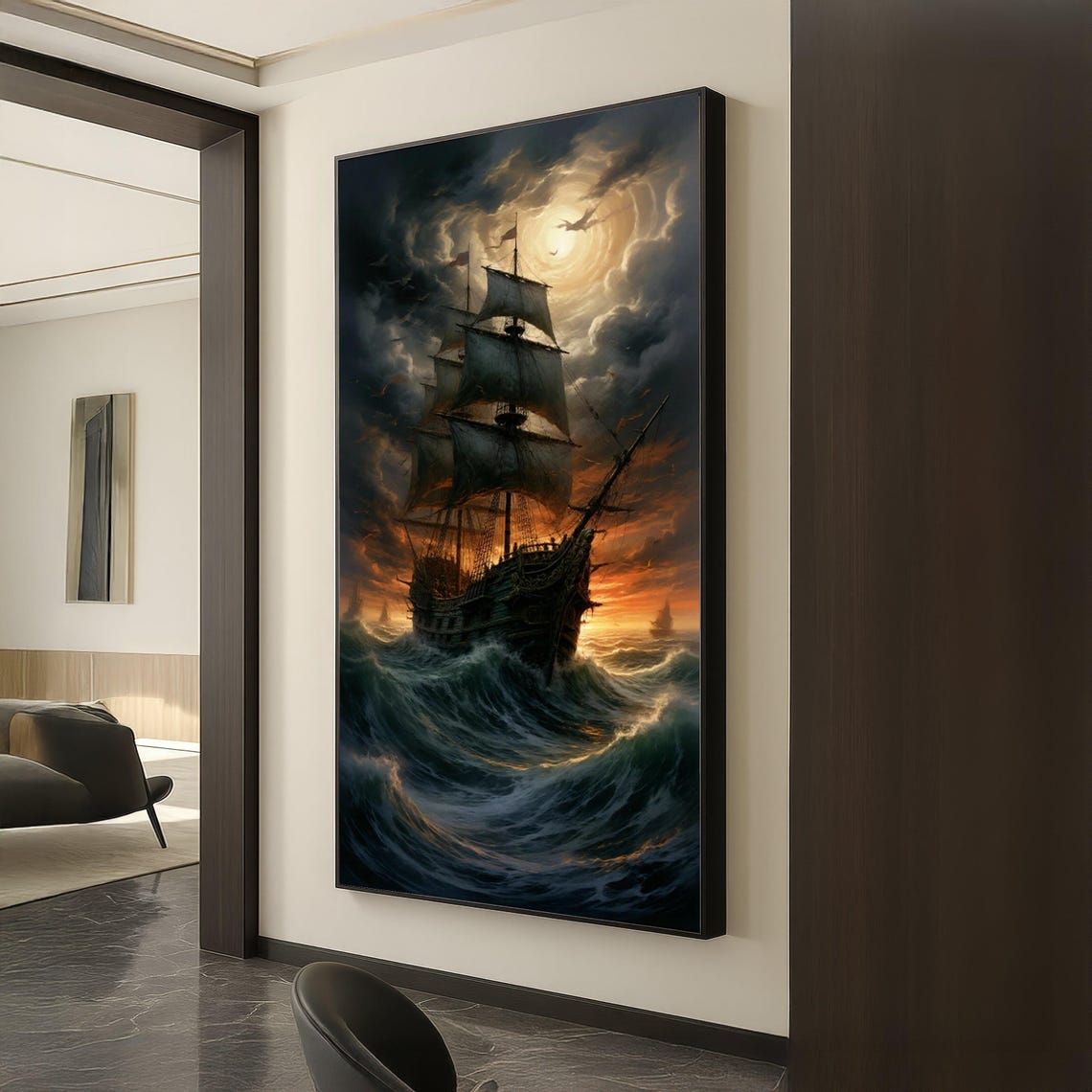 Stormy Sea Tall Sailing Ship Dramatic Sunset Ocean Waves Art Poster