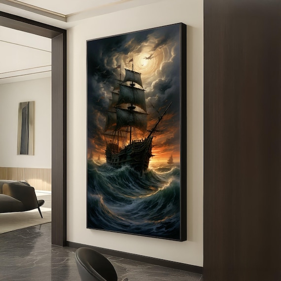 Stormy Sea Tall Sailing Ship Dramatic Sunset Ocean Waves Art Poster