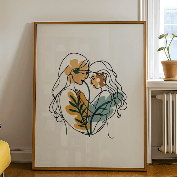 Mother And Daughter Flower Line Drawing, Minimalist Art Print
