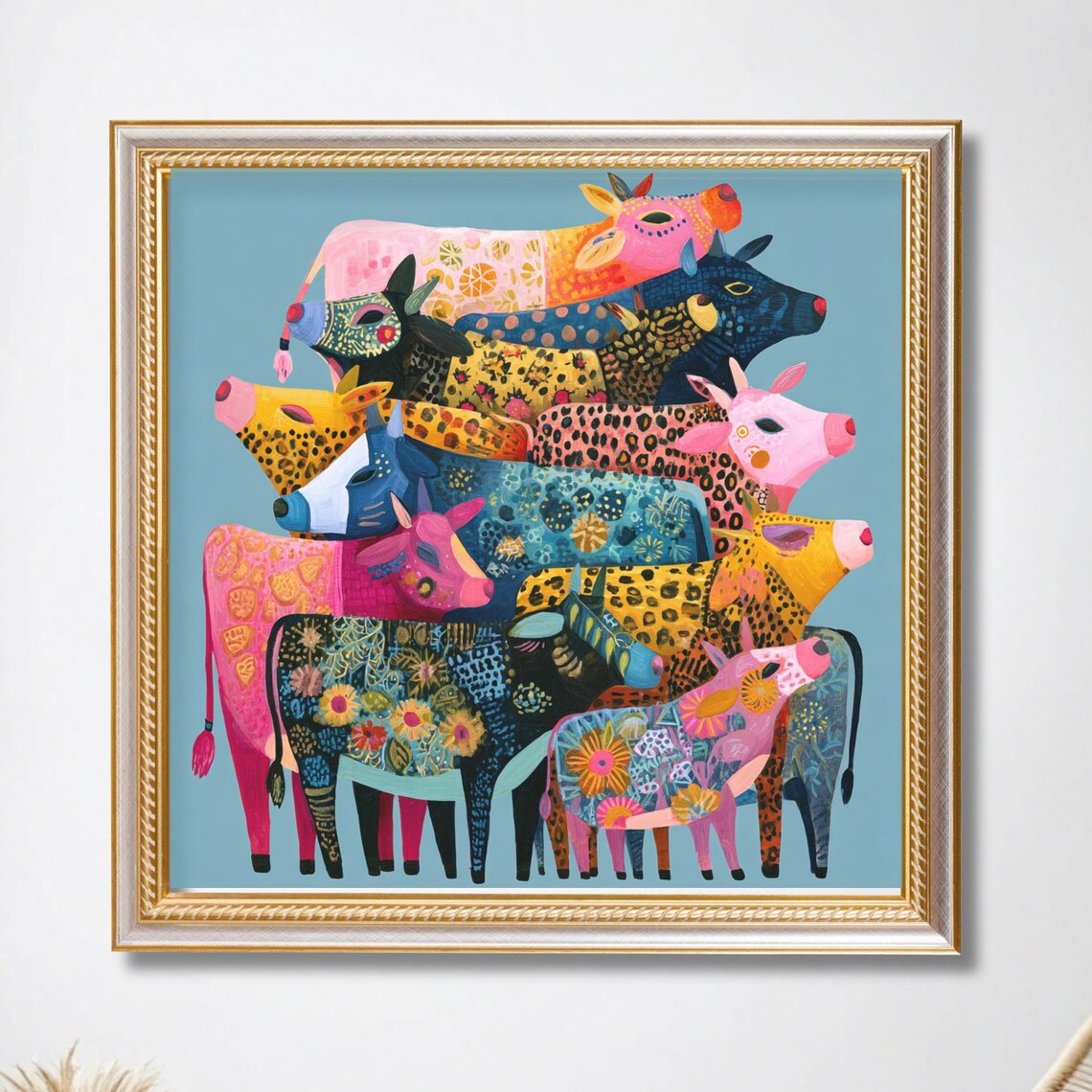 Colorful Cow Art Print, Whimsical Folk Painting